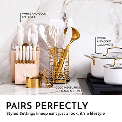 Styled Settings White and Gold Kitchen Utensils Set with Holder, 7-Piece | Silicone Cooking Tools with Gold Utensil Holder - Luxury Kitchen Accessories for Stylish Cooking and Serving - color: 7 Piece White & Gold