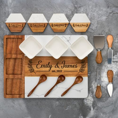 AWESOMETIK Luxury Personalized Acacia Wood & Marble Cheese Board – Custom Engraved Charcuterie Board with Knife Set – Bridal Shower & Housewarming Gift