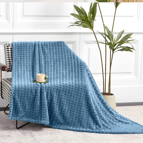Soft Cozy Fuzzy Fleece Queen Size Blanket, Waffle Slate Blue, 90x90 Inches – Lightweight, Fluffy, and Warm 3D Jacquard All-Season Blanket for Bed, Couch, Sofa, Camping, and Travel - color: Waffle Slate Blue, size: Queen (90" x 90")