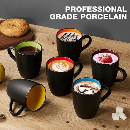 Qipecedm 6 Pack Porcelain Coffee Mugs Set, 12 Ounces Ceramic Coffee Mugs, Matte Black Coffee Mug, Restaurant Cups for Coffee, Tea, Cappuccino, Cocoa, Cereal, Black outside and Colorful inside