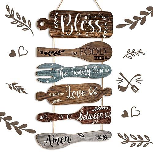 Geetery 6 Pcs Bless The Food Before Us Farmhouse Kitchen Wall Decor Dining Room Collage Decorations Wall Art Rustic Hanging Wooden Roped Sign 13x21 Inches Vertical(Multicolored) - color: Multicolored, style: Bless