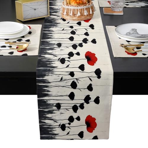 Table Runner and Placemats Set of 6 Abstract Red Floral Decorative Dining Table Runner with Matching Placemats Black Plant Leaf Table Decor for Kitchen Dining Room and Everyday Use 13x70in - size: 13"x70"+6pcs