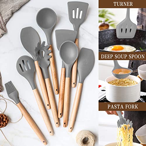 Umite Chef Kitchen Cooking Utensils Set, 33 pcs Non-stick Silicone Spatula Set with Holder, Woodle Handle Heat Resistant Gadgets Utensil (Gray) - color: Gray