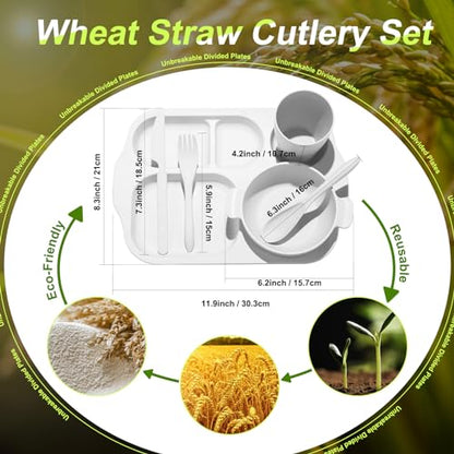 Honoson 24 Pcs Wheat Straw Dinnerware Cutlery Set, Service for 4, Unbreakable Plates and Bowls Set - Divided Plates, Bowls, Spoons, Forks & Knives, Microwave & Dishwasher Safe(White) - color: White