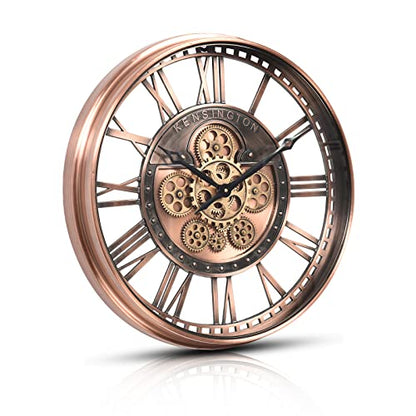 21" Metal Roman Numeral Wall Clock with Moving Gears,Copper | SIilent Non Ticking, Aluminum Dial, Unique Modern Wall Clock for Living Room, Dinning Room, Entryway & Home Office - color: Roman Copper, size: 21"