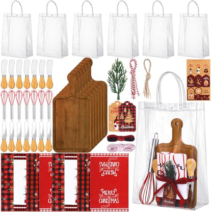 12 Set Christmas Charcuterie Board Gifts Bulk, Bamboo Mini Cheese Cutting Board Gifts with Spreader Knives Fork Towel Whisk for Xmas Gift Wedding Bridal Baby Shower(Long Handle,Dark) - color: Dark