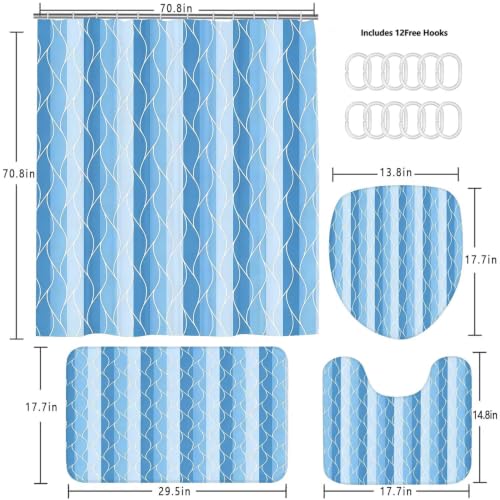 DDQQ 4Pcs Light Blue Bathroom Set Stripe Shower Curtain Set Modern Geometric Shower Curtain for Bathroom with 12 Hooks, Bathroom Carpet Bath Mat and Toilet Rugs - color: Light Blue