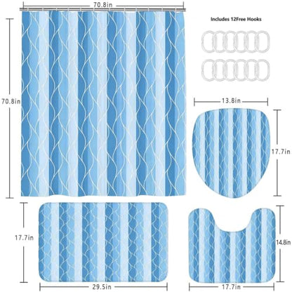 DDQQ 4Pcs Light Blue Bathroom Set Stripe Shower Curtain Set Modern Geometric Shower Curtain for Bathroom with 12 Hooks, Bathroom Carpet Bath Mat and Toilet Rugs - color: Light Blue