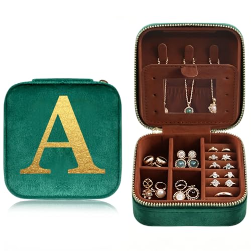 Personalized Jewelry Box Travel Jewelry Case For Women Vintage Green Plush Velvet Gifts For Family Member Friends For Carrying During Short Trips Business Trips Travel Essentials Letter A - color: A