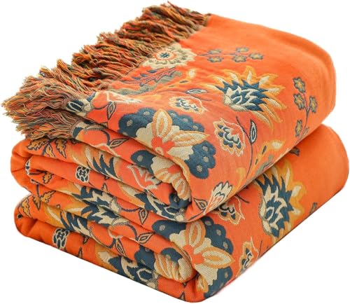 Orange Floral Rustic Boho Blanket for Bed Couch Travel 90"×98" | 4-Layer Gauze Breathable Muslin Blanket,Soft Lightweight All Season Quilt with Fringe,Multi-purpose Blanket,Ideal Gift - color: Orange Flower, size: 90"x98"