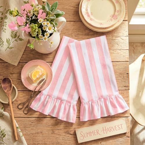 Pink Striped Kitchen Towels Set of 2, 100% Cotton Ruffled Striped Dish Towels 18"x31" Absorbent Tea Cloths Classic Pattern for Farmhouse Charm, Drying Dishes, Entertaining Guests - color: Pink