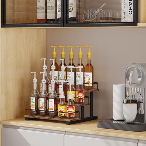Liquor Bottle Display Shelf, 3 Tier Coffee Syrup Rack Organizer | Wine Rack Countertop, Home Retro Bar Shelf Stand Holder for Liquor Whiskey Spirits, Mini Bar, Liquor Cabinet, Rustic Brown