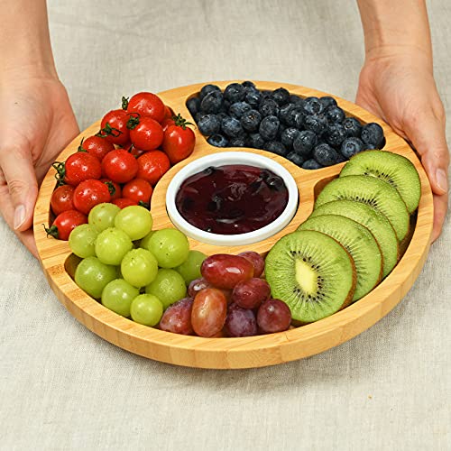 ROYAMY Bamboo Cheese Charcuterie/Serving Board and Knife Set with Round Tray, Wooden Cheese Platter/Tray, Perfect for Christmas, Anniversary,Wedding,Housewarming Gift Ideas