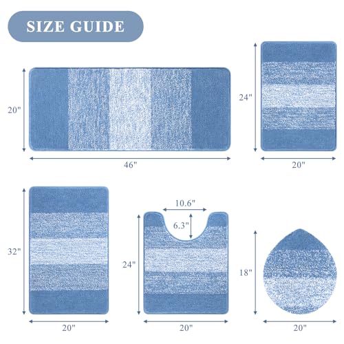 Bsmathom Bathroom Rug Set 5 Piece, Plush Microfiber Bath Mat, Blue | Extra Water Absorbent, Non Slip Washable Runner Bath Rugs with Toilet Lid Cover and U-shaped Contour Toilet Mat - color: Blue, size: 18"x26"+20"x31"+20"x48"+U20"x24"+Cover19"x21"