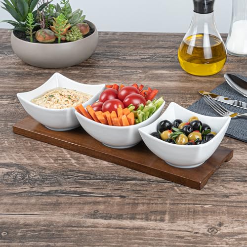 Restaurantware-15 Ounce Bowl Set with Tray - 1 Dishwashable Serving Set, Includes 3 Porcelain Bowls And 1 Bamboo Tray, Durable, White Porcelain And Bamboo Bowl And Platter Kit, Reusable, Freezable - size: Triple set, style: Cocktail