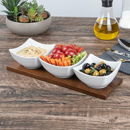 Restaurantware-15 Ounce Bowl Set with Tray - 1 Dishwashable Serving Set, Includes 3 Porcelain Bowls And 1 Bamboo Tray, Durable, White Porcelain And Bamboo Bowl And Platter Kit, Reusable, Freezable - size: Triple set, style: Cocktail