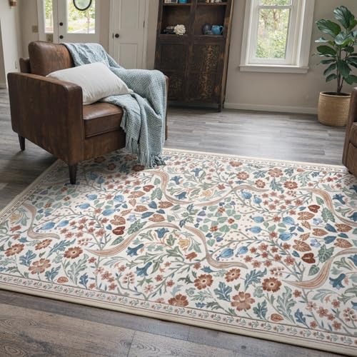 Lahome Beige Floral 3x5 Rug, Non-Slip Washable Area Rugs for Bedroom Dorm | Botanical Soft Boho Carpet for Nursery, Kids Room, Entryway, Entrance Indoor - color: Beige, size: 3' x 5'