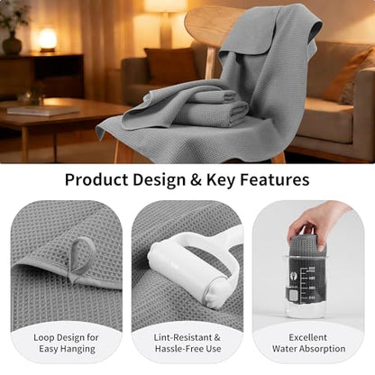 MICROFI Waffle Weave Bath Towel Set, Microfiber, 4 Pieces (Body/Hair/Hand/Face), Quick Dry, Lightweight, Super Absorbent, Lint Free, 380 GSM (Gray) - color: Gray