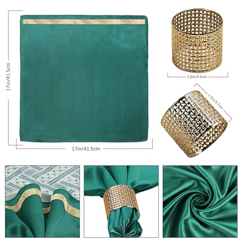 12 Pack Cloth Napkins and Gold Napkin Rings Set of 6, 17x17 Bling Trim Satin Cocktail Napkins Cloth Washable Personalized Dinner Napkins for Wedding Party Holiday Decorative | 17x17 Inch Personalized Green Napkins Set, Washable Fancy Dinner & Cocktail Nap
