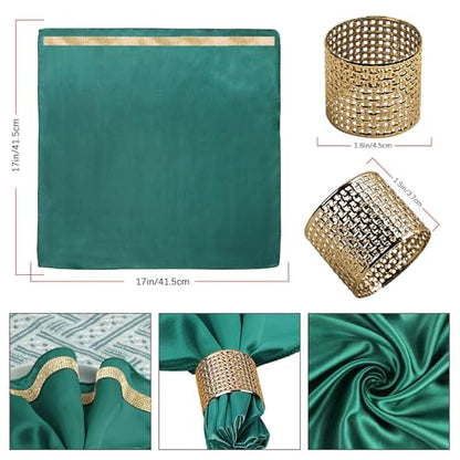12 Pack Cloth Napkins and Gold Napkin Rings Set of 6, 17x17 Bling Trim Satin Cocktail Napkins Cloth Washable Personalized Dinner Napkins for Wedding Party Holiday Decorative | 17x17 Inch Personalized Green Napkins Set, Washable Fancy Dinner & Cocktail Nap