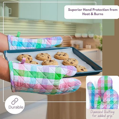 Native Fab 4 Piece Set - Gingham Check 2 Oven Mitts & 2 Potholders, Heat Resistant, 100% Cotton, Quilted Design, Non-Slip Grip, Ideal for Baking, Cooking, BBQ, Kitchen Protection, Multicolor - color: Gingham Pastels