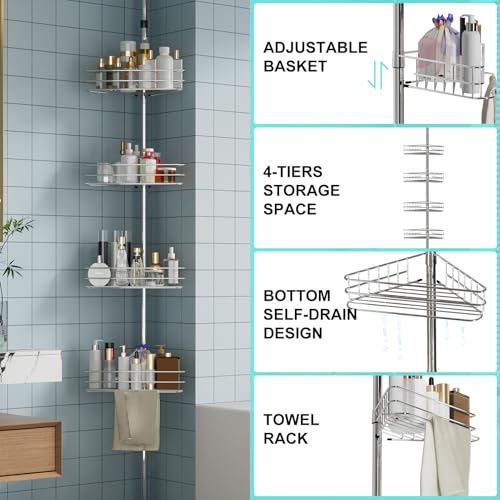 Adjustable Shower Caddy Corner for Bathroom, 4-Tier Rustproof Bathroom Organizer Shelves with Tension Pole, Floor Standing Bath Rack for Bathtub Shampoo Storag, Silver