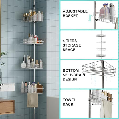 Adjustable Shower Caddy Corner for Bathroom, 4-Tier Rustproof Bathroom Organizer Shelves with Tension Pole, Floor Standing Bath Rack for Bathtub Shampoo Storag, Silver