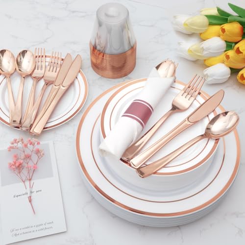 175 Piece Rose Gold Plastic Dinnerware Set for 25 Guests | Disposable Dinnerware Includes: 25 Dinner Plates, 25 Dessert Plates, 25 Pre Rolled Napkins with Silverware, 25 Cups - color: Rose Gold, style: 175 Piece (25 guests)