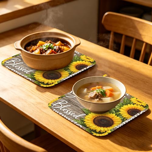 Wood Sunflower Oven Mitts and Pot Holders Sets of 4 PCS, Thankful Grateful Blessed Oven Gloves Potholder for Kitchen Cooking Baking BBQ Heat Resistant - color: Thankful Grateful Blessed