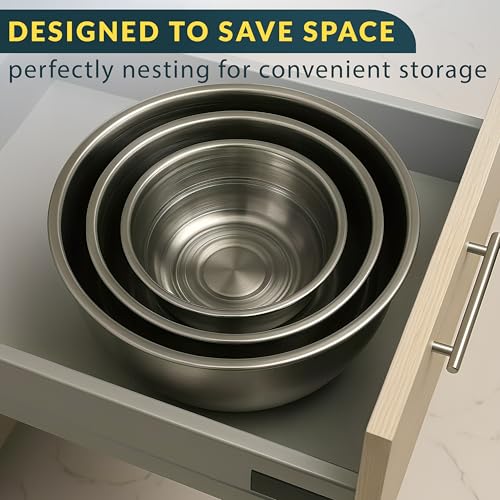 Stainless Steel Mixing Bowls with Lids Set of 3, Nesting Metal, 1.5/3/5 Qt | Mirror-finish interior, dishwasher safe & BPA-free; stack for food prep, baking, storage & serving - size: Set of 3