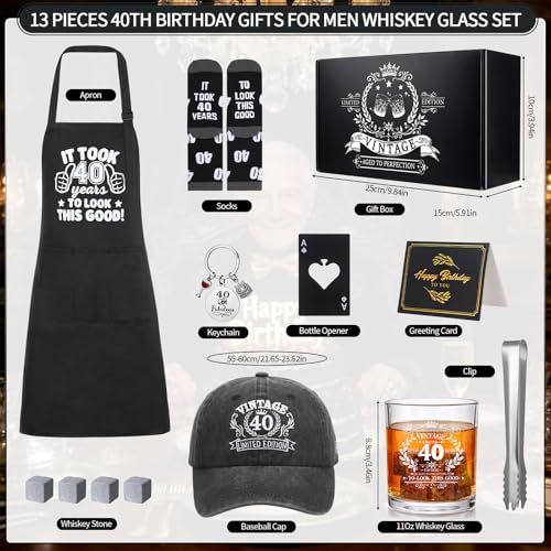 40th Birthday Gifts for Men 40th Birthday Party Supplies | Include 11 Oz Glass Stone Ice Tong Bottle Opener Cap Apron Socks Keychain Greeting Card for Him, Dad, Husband, Friends - style: 40th