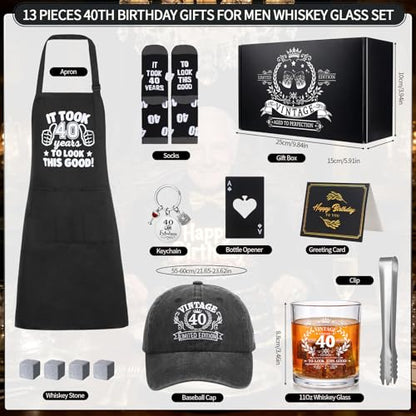 40th Birthday Gifts for Men 40th Birthday Party Supplies | Include 11 Oz Glass Stone Ice Tong Bottle Opener Cap Apron Socks Keychain Greeting Card for Him, Dad, Husband, Friends - style: 40th