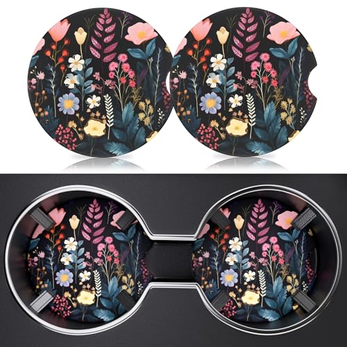 2 Pack Car Cup Holder Coasters, 2.63 Inch Anti Slip Ceramic Absorbent Coaster with Cork Base and Finger Notch, Cute Car Accessories Interior for Women - color: Black Flowers