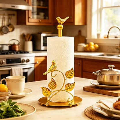 Gold Paper Towel Holder Countertop Golden Bird Decor Cast Iron Solid Birds and Leaves for Home Gold Kitchen Decor Unique Paper Towel Holder Golden
