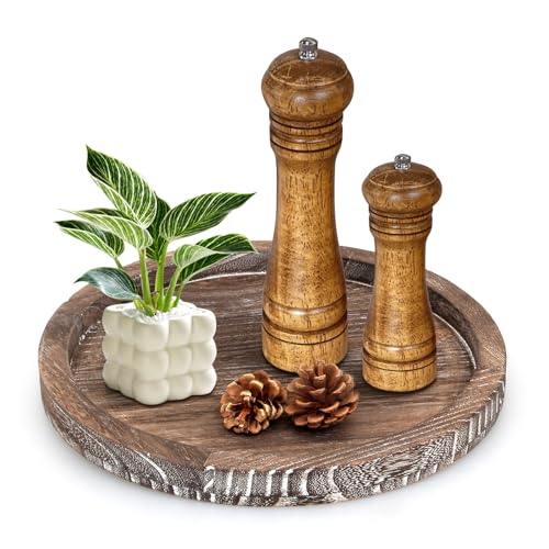 Round Decorative Wooden Serving Trays for Ottoman Coffee Table Tray Decor | Farmhouse Large Wood Candle Holder Rustic Dining Table Centerpiece Rustic Kitchen Home Decoration Circle Perfume Dresser Tray - color: Washedwhite, size: 12"
