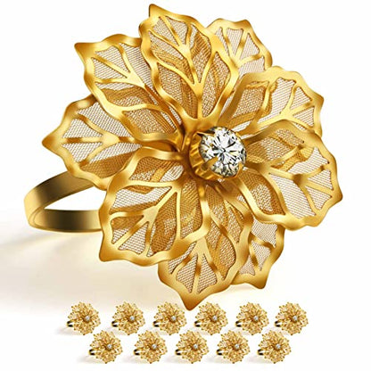 Flower Napkin Rings Holders, Clear Rhinestone, 12 Pack | Dinner Party, Wedding, Christmas, Gathering