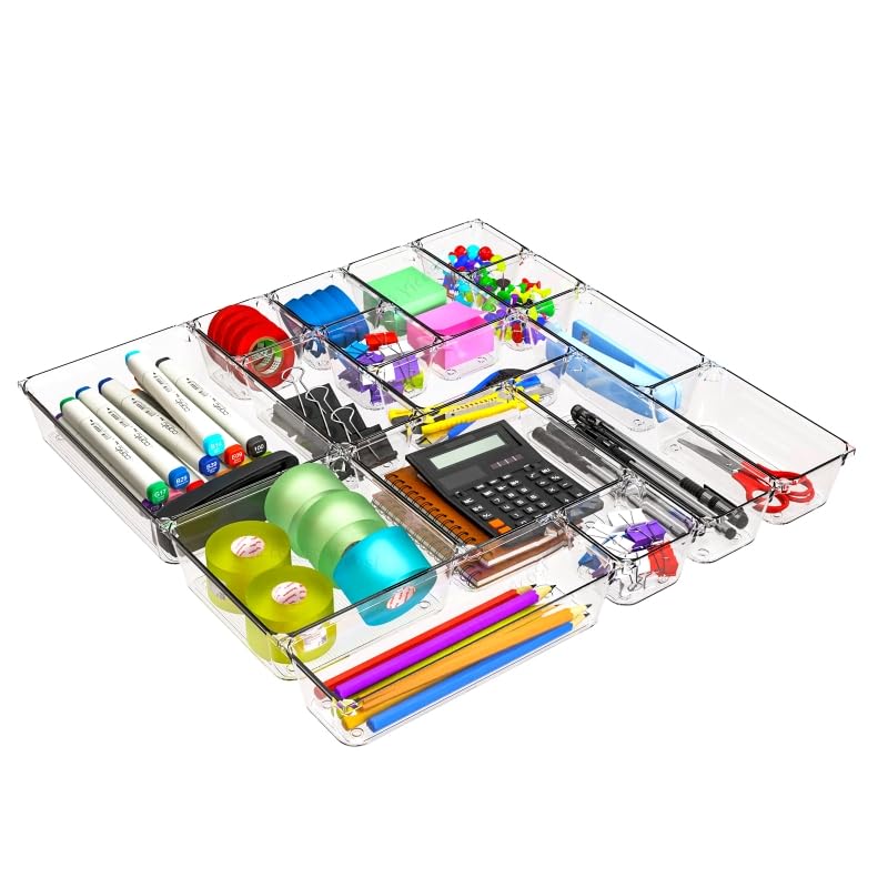 25 PCS Clear Plastic Drawer Organizer Set, 4 Sizes Stackable Storage Bins with Non-Slip Silicone Pads, Desk Bathroom Kitchen Makeup Office Drawer Organizers for Cosmetics,Gadgets & Accessories