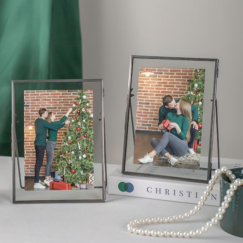 Gunmetal Gray Floating Frame Set of 2, Glass Floating Picture Frames 6"x 8" for Multi Size Photos 5x7, 4x6, 3x5 Standing Picture Frame Tabletop Display - color: Gunmetal Gray, size: 6x8 inch