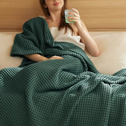 Bedsure Lightweight 100% Cotton Waffle Blanket, Queen, Dark Green | Summer, Breathable, Soft, Comfort, Light, Thin, Textured, Bed, Couch, Sofa, Chair, 90"x90", Sheet Blanket, Cozy Gifts - color: Dark Green, size: Queen (90" X 90")