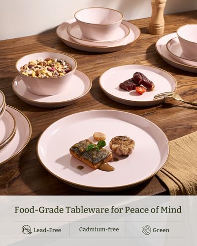 Famiware Saturn Stoneware Dishes Dinnerware Set for 8, Rimmed Plates, Bowls | Light Pink, 24-Piece Ceramic Kitchenware, Chip and Scratch Resistant, Microwave and Dishwasher Safe, Modern Rustic Tableware - color: Light Pink, size: 24