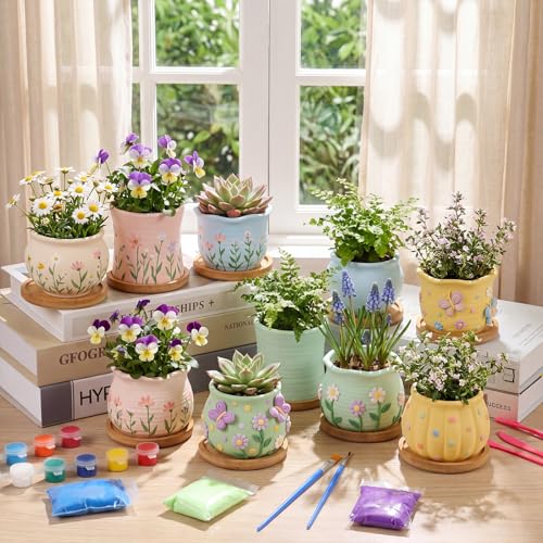 10 Pcs 3.5 Inch Mini Succulent Pots with Bamboo Tray Paint Your Own Ceramic Pot Craft Kit Ready-to-paint Small Planters Container with Drainage Hole Paint Set Clay Kit DIY Craft for Plant Lover