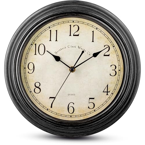 Bernhard Products Vintage Wall Clock Silent Non Ticking - 12 Inch Quality Quartz Battery Operated Decorative Rustic Black Clock for Home Kitchen Living/Dining Room Office Decor, Easy to Read - color: Rustic Black