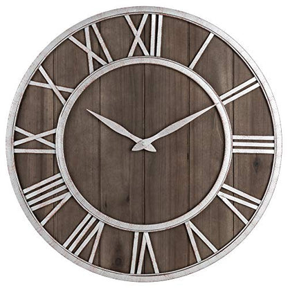Oldtown Farmhouse Metal & Solid Wood Noiseless Wall Clock (Dark Brown, 18-inch) - color: Dark Brown, size: 18-inch