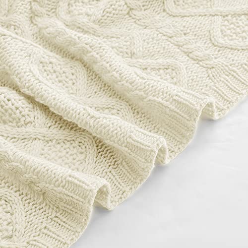 Homiest Cream White Cable Knit Throw Blanket Set of 3, with 2 Pillow Covers | Pure Acrylic, Lightweight & Breathable, All-Season Use, Machine Washable, Wrinkle & Fade Resistant, for Couch Bed And Sofa - color: Cream White, size: 50 x 60 Inch Blanket & 18