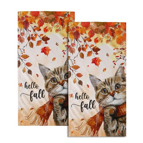 Imiss Fall Maple Leaf Hand Towels - Watercolor Cat Decorative Bathroom Towel Small Fingertip Towels Set of 2 Autumn Seasonal Guest Towels for Gym,Spa,Hotel - color: Autumn Maple Leaf Cat
