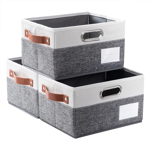 Foldable Storage Bins with Handles [3-Pack] Fabric Collapsible Storage Boxes Baskets Cubes Containers with Handles for Closet Living Room Bedroom (Grey & White 11.5x8.5x6.7'') - color: Grey & Cream, size: Medium(3-Pack)