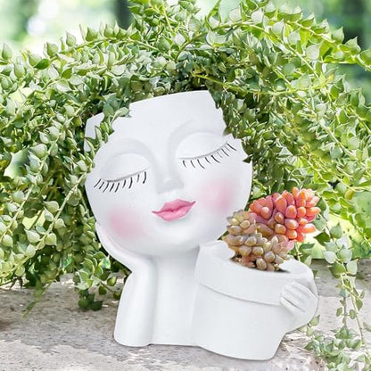 Face Planter Pot, Lady Head Planter with Drainage Holes, White | Dual-compartment lady head planter with drainage holes for succulents, cactus, and air plants - color: White