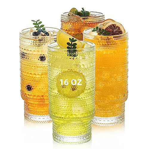 KEMORELA Elegant Highball Glassware Set - 16oz XL Glasses - Mixed Drinks, Iced Coffee, Beer, Juice, Water - Hobnail, Beaded Designs - Set of 4 | Stylish Collection for Any Occasion - color: 4PCS-16oz