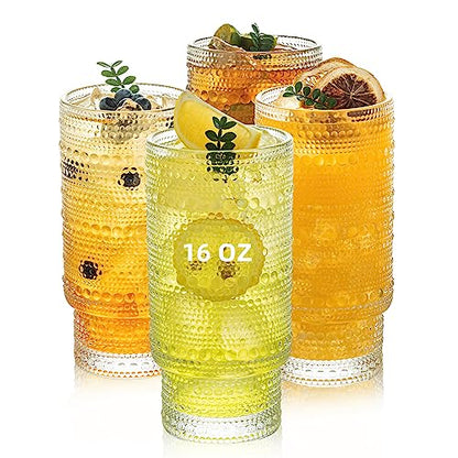 KEMORELA Elegant Highball Glassware Set - 16oz XL Glasses - Mixed Drinks, Iced Coffee, Beer, Juice, Water - Hobnail, Beaded Designs - Set of 4 | Stylish Collection for Any Occasion - color: 4PCS-16oz