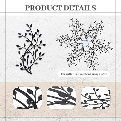 Otoolling 15.7 Inch Metal Wall Clock Metal Tree Leaf Wall Decor Silent Vine Olive Branch Leaf Art Clock for Home Bedroom Living Room Decorations